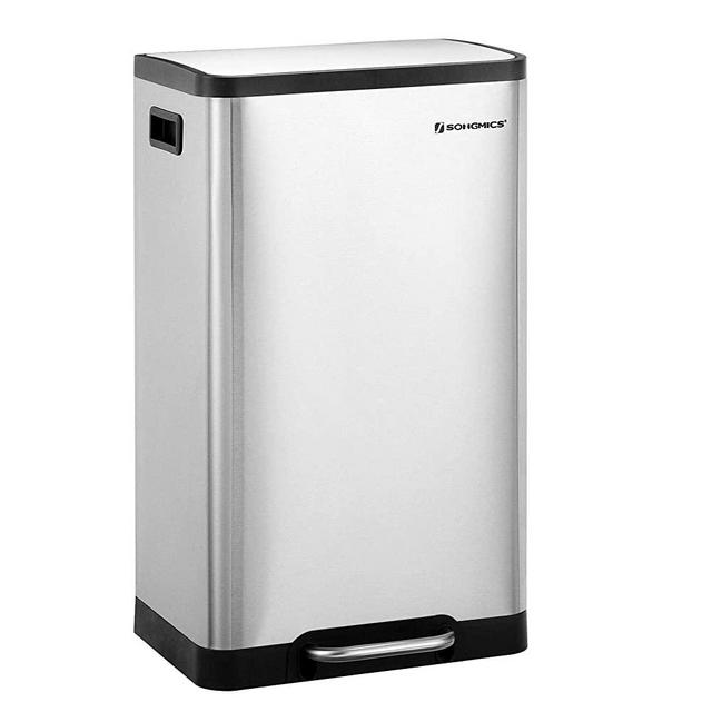 SONGMICS Trash Can, 11.9 Gal Pedal Garbage Can, Stainless Steel Step Bin, Plastic Inner Bucket and Lid, Soft Closure, Fingerprint Proof, for Kitchen, Living Room, Silver ULTB007E01