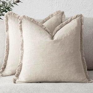 Foindtower Set of 2 Decorative Linen Fringe Throw Pillow Covers Cozy Farmhouse Boho Cushion Cover with Tassels Soft Accent Pillowcase for Couch Sofa Bed Living Room Home Decor 20×20 Inch Beige