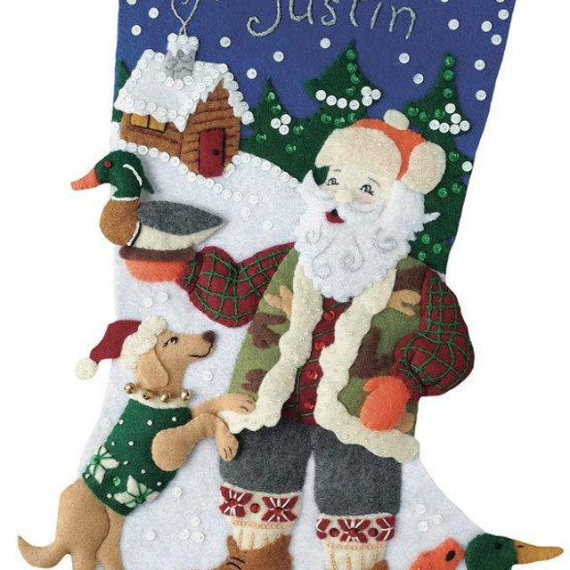 MerryStockings Outdoorsman Santa Felt Christmas Stocking Kit – 18" DIY Holiday Sewing Kit with Camo & Blaze Orange – Embroidery Craft Kit with Beads, Sequins & Instructions – Made in USA