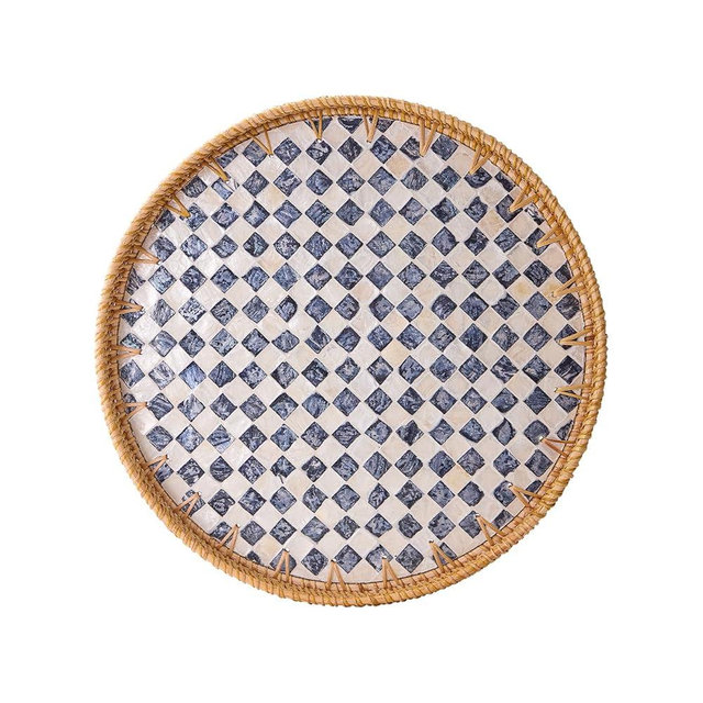 Round Rattan Tray with Mother of Pearl Inlay, Rattan Serving Tray with Wooden Base, Decorative Wicker Basket for Table Decor, Storage and Display of Coffee Bread Food Fruit (Checkerboard 11.8")