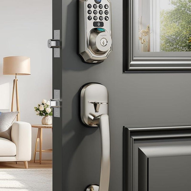 WiFi Smart Lock with Camera - Keyless Entry Deadbolt with Handle Set, 5-in-1 Camera+Doorbell+Fingerprint+Keypad, App Control, Auto Lock, Easy Install, Waterproof for Front Door, Satin Nickel