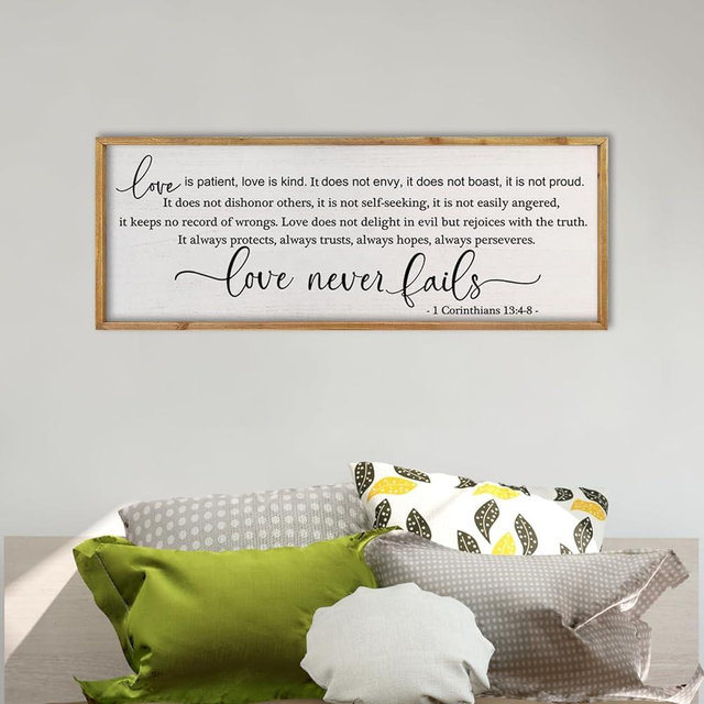 comurdyo Love is Patient Kind Sign 1 Corinthians 13:4-8 Wall Art Bible Verses 32X12 Inch Love Never Fails Wall Decor for Master Bedroom Above Bed (Wood)