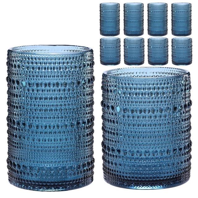 ZMOWIPDL Vintage Hobnail Drinking Glasses Set of 8,Blue 12 oz & 15oz Highball Glass Cups,Kitchen Drinkware Glassware,Embossed Water Tumbler,for Beer,Cocktail,Whiskey,Juice and Various Mixed Drinks