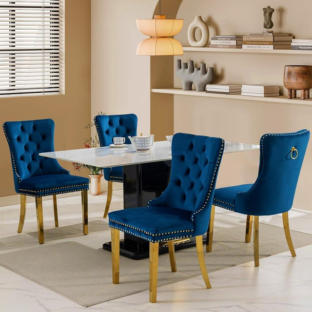 SoarFlash Velvet Dining Chairs Set of 4, Tall Back Side Chair, Modern Upholstered Side Chair with Button Back Ring, Gold Plated Stainless Steel Legs (Blue)