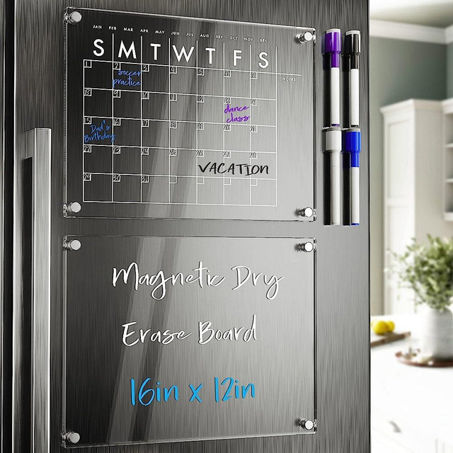 Monthly Magnetic Calendar & Blank Acyrlic Dry Erase Board 16 x 12 Inches with 4 Dry Erase Markers