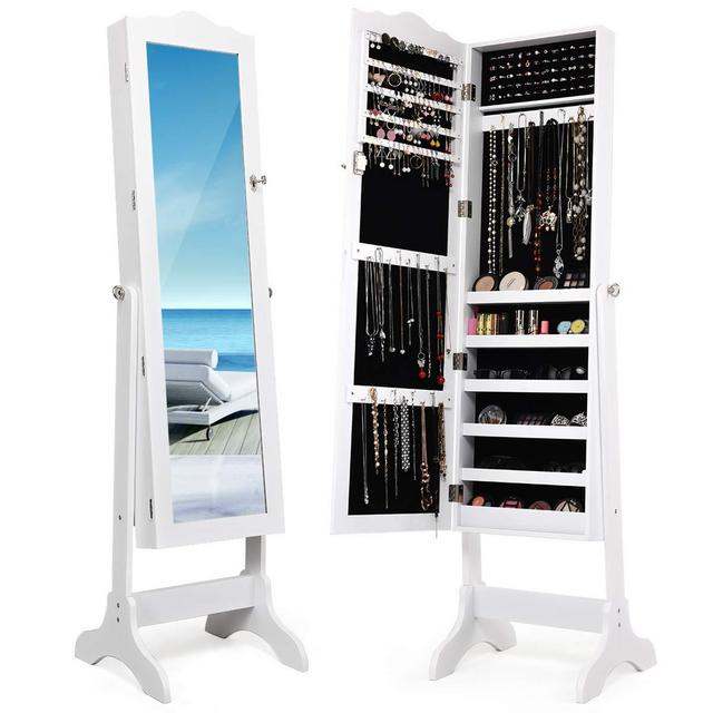 Giantex Jewelry Cabinet Armoire Lockable with Mirror, Classic Full Length Mirrored Organizer Storage Box for Bedroom Necklace Free Floor Standing Multiple Shelves, Jewelry Armories Cabinets