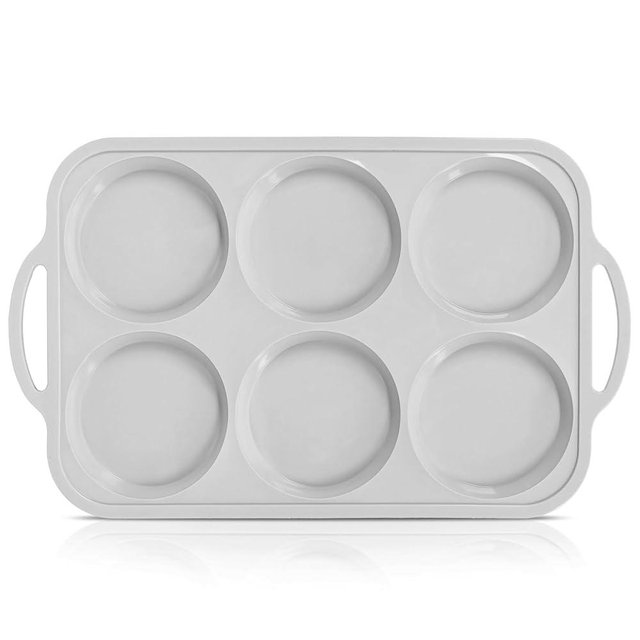 Vnray 4 Inch Jumbo Silicone Muffin Top Pan with Metal Frame, Non Stick Silicon Egg Mold for Oven, Large Whoopie Pie Baking Pan with Handle for English Breakfast Sandwich, Egg Bite, Bun Tart,Light Grey