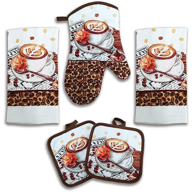 American Mills Coffee and Latte Decor 5 Piece Printed Kitchen Linen Set Includes Towels Pot Holders Oven Mitt