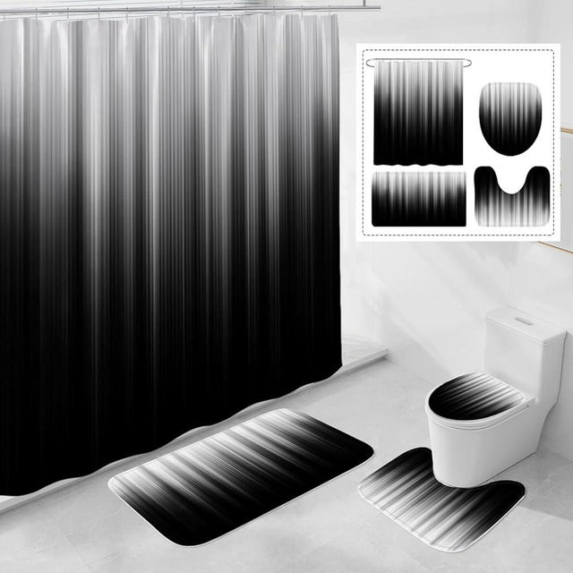 Litabel 4 Pcs Grey and Black Gradient Shower Curtain Set with Rugs and Toilet Lid Cover, Modern Simple Waterproof Fabric Bathroom Set, Ombre Stripe Gothic Abstract Bathroom Decor Set Accessories