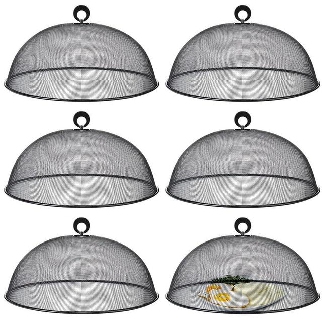 Gerrii 6 Pcs Metal Mesh Food Cover Outdoor Mesh Food Tents Dome Screen Plate Covers for Dinner Plates Reusable Fruit Fly Nets Picnic Food Umbrella for Table, BBQ, Camping, Party (Black,14 Inch)