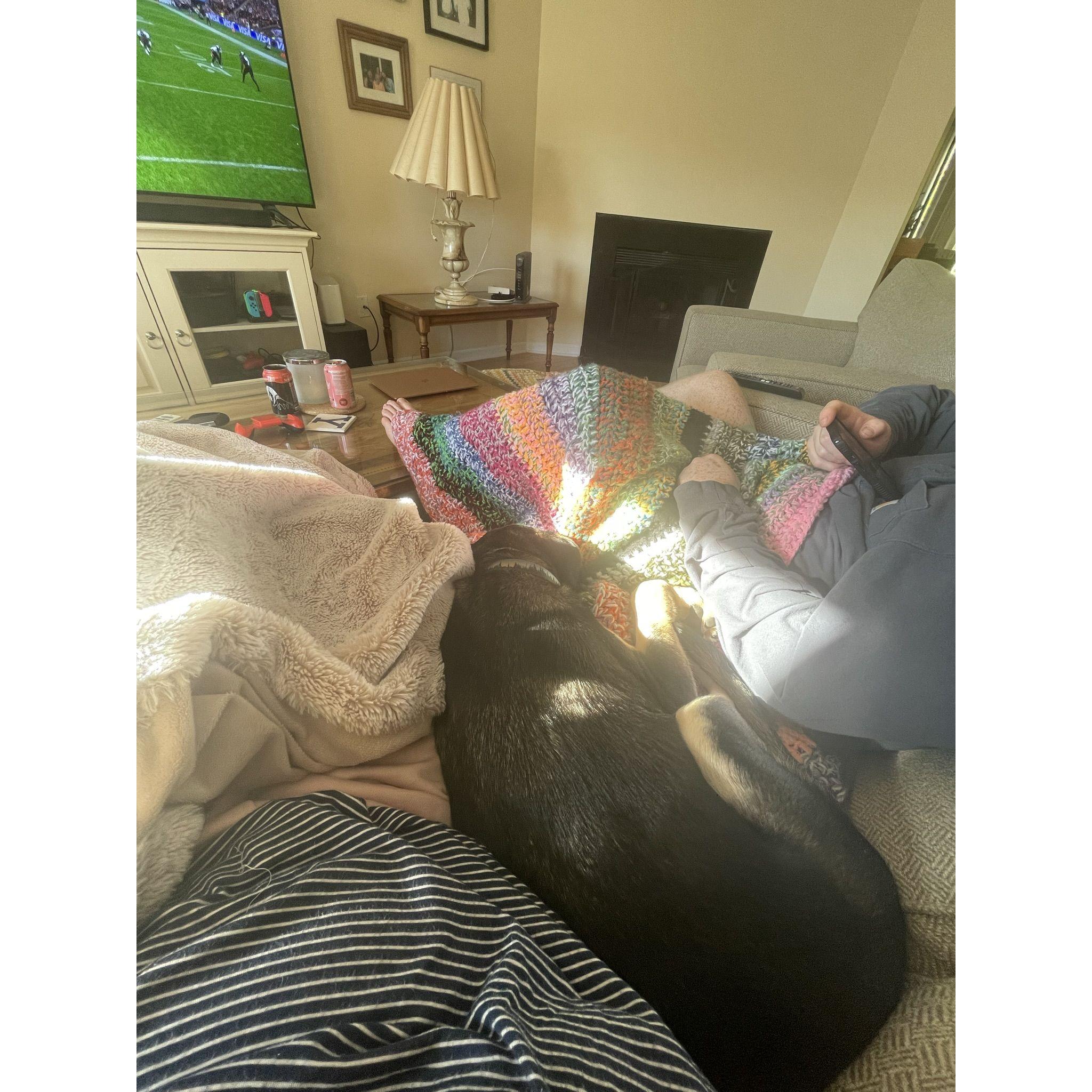 How we spend most of nights, cuddled together on the couch with Mr. Bear 