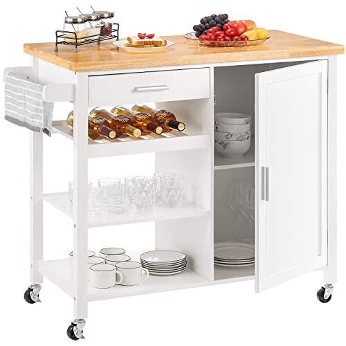 kealive Kitchen Island on Wheels White Rolling Kitchen Island with Storage Wood Top Wine Shelf Cabinet Handle Rack Drawer, Home Style 41.3L x 18.9W x 35H