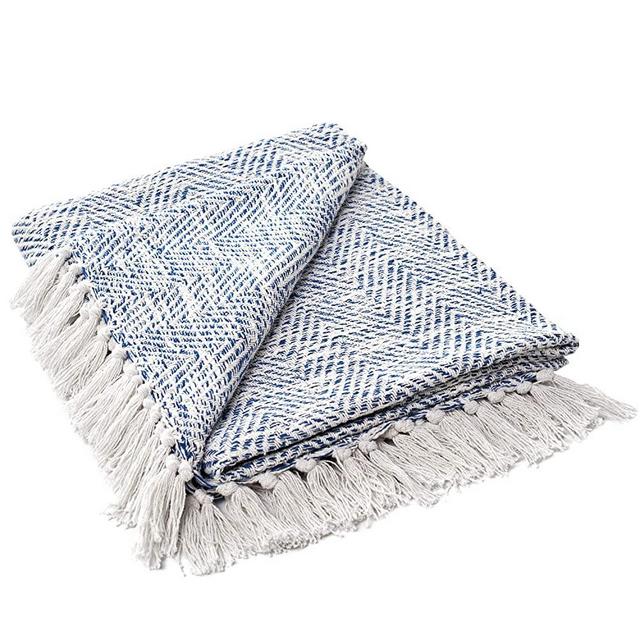 MOTINI Blue and White Throw Blanket Knitted Herringbone Woven Decorative Blankets Textured Cozy Throws for Bed Couch, 50" x 60" 100% Cotton