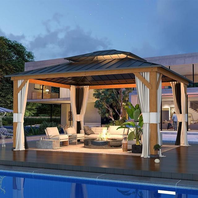 Erinnyees 15' x 13' Solid Wood Gazebo, Outdoor Metal Hardtop Roof with Privacy Curtains and Mosquito Netting, for Patio, Garden, Backyard, Deck