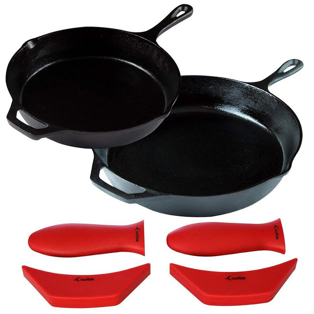 Crucible Cookware 12-Inch & 10.25-Inch Cast Iron Skillet Set (Pre-Seasoned), Including Large & Assist Silicone Hot Handle Holders | Indoor & Outdoor Use