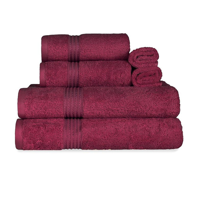 Superior Egyptian Cotton 6-Piece Towel Set, Bathroom Essentials, Towels For Bathroom, Apartment, Airbnb, Guest Bath, Face, Hand, Bath Towels, Washcloths, Absorbent, Fast Drying, Burgundy