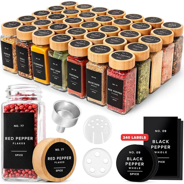 EDELHAUS® Square Spice Jars with Bamboo Wooden Lid (Pack of 36) Spice Jars with Shaker Insert and 240 Labels - Bamboo Lid Glass Container for Spice Organisation [4.3 in × 1.8 in]