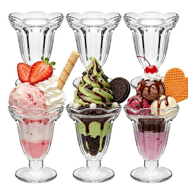 QAPPDA 6 Pack Glass Tulip Sundae Cups, 6.7 Ounce Clear Milkshakes Footed Ice Cream Cups Dessert Bowls, Thick and Durable Parfait Glasses, Ice Cream Bowls, Dishwasher Safe Sundae Glasses