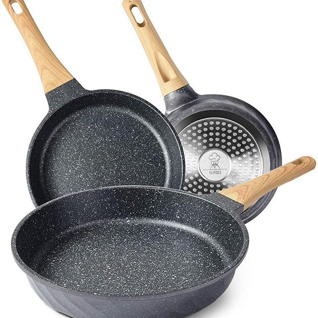 YIIFEEO Nonstick Frying Pan Set, Granite Skillet Set with 100% PFOA Free, Omelette Pan Cookware Set with Heat-Resistant Ergonomic Handle, Induction Compatible(8inch&9.5inch&11inch)