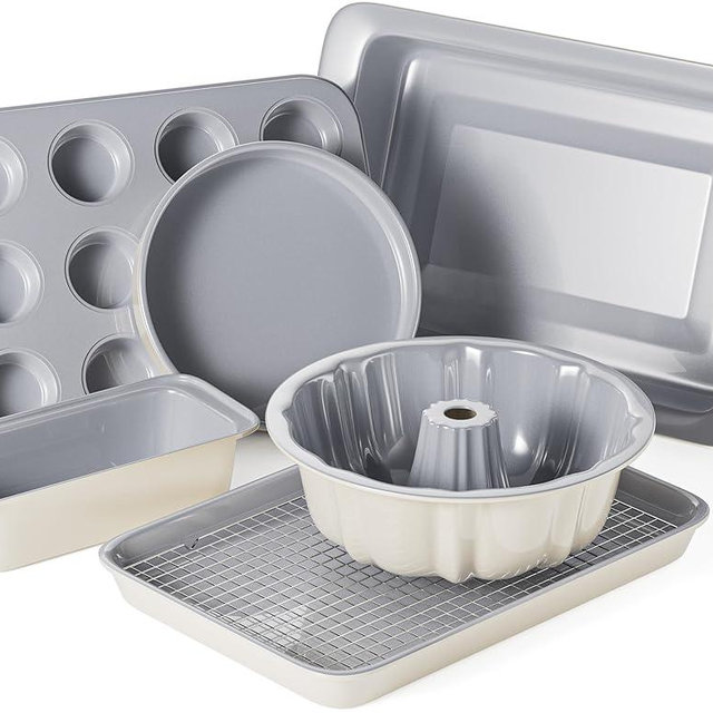 Ceramic Baking Pans Set - 7 PCS Nonstick Bakeware Sets Baking Sheets For Oven Baking Set With Cookie Sheet, Cake Pan, Loaf Pan, Muffin Pan, Roaster Pan, Cooling Rack - PTFE & PFOA Free Baking Supplies