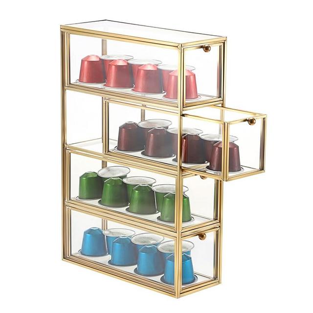 ELLDOO Coffee Pod Holder with 4 Drawers, Gold Glass Coffee Pod Organizer for K Cup Espresso, Clear Coffee Capsule Storage Holder for Coffee Bar Office Home Coffee Station Counter