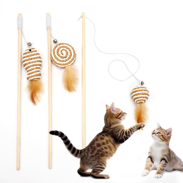 Goosheep 15.8inch 3Pack Interactive Cat Wand Toy for Indoor Cats Teases for Bored Indoor Adult Cats to Chase and Exercise Solid Wood Bell Ball