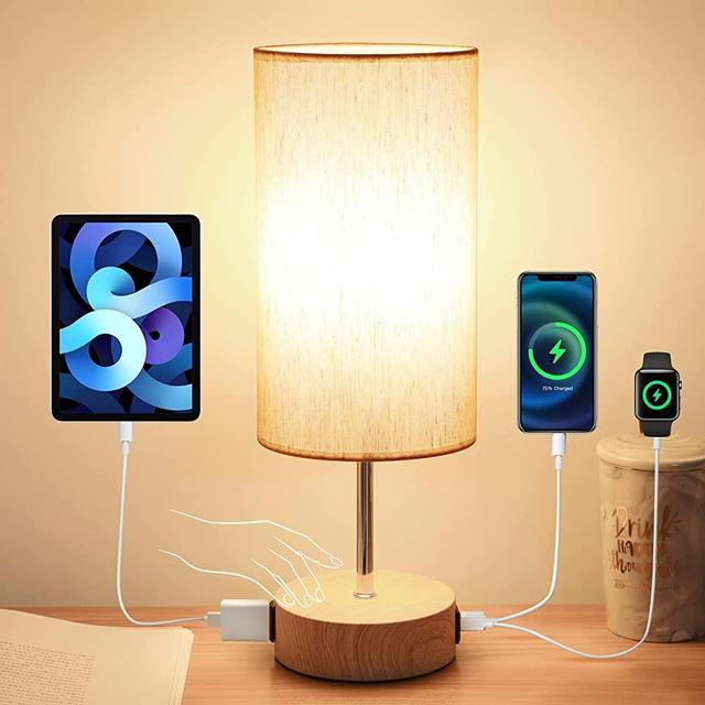 【Upgraded】Bedside Lamp with USB A+C Charging Ports & AC Outlet - Yarra Decor Touch Control Table Lamp for Bedroom 3 Way Dimmable Nightstand Lamp with White Shade for Home Office, Dorm(Bulb Included)