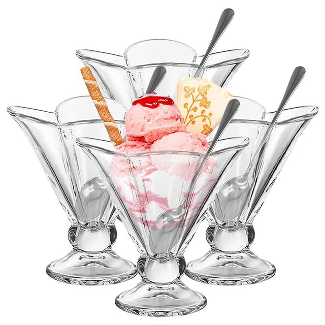OVENTE Dessert Bowls with Spoons - 4 Ice Cream Glass Bowls and 4 Metal Spoons - Convenient Size and Easy to Clean, Cups for Dessert, Sundae, Ice Cream, Salad, Cocktail - Clear, ICGBSS4