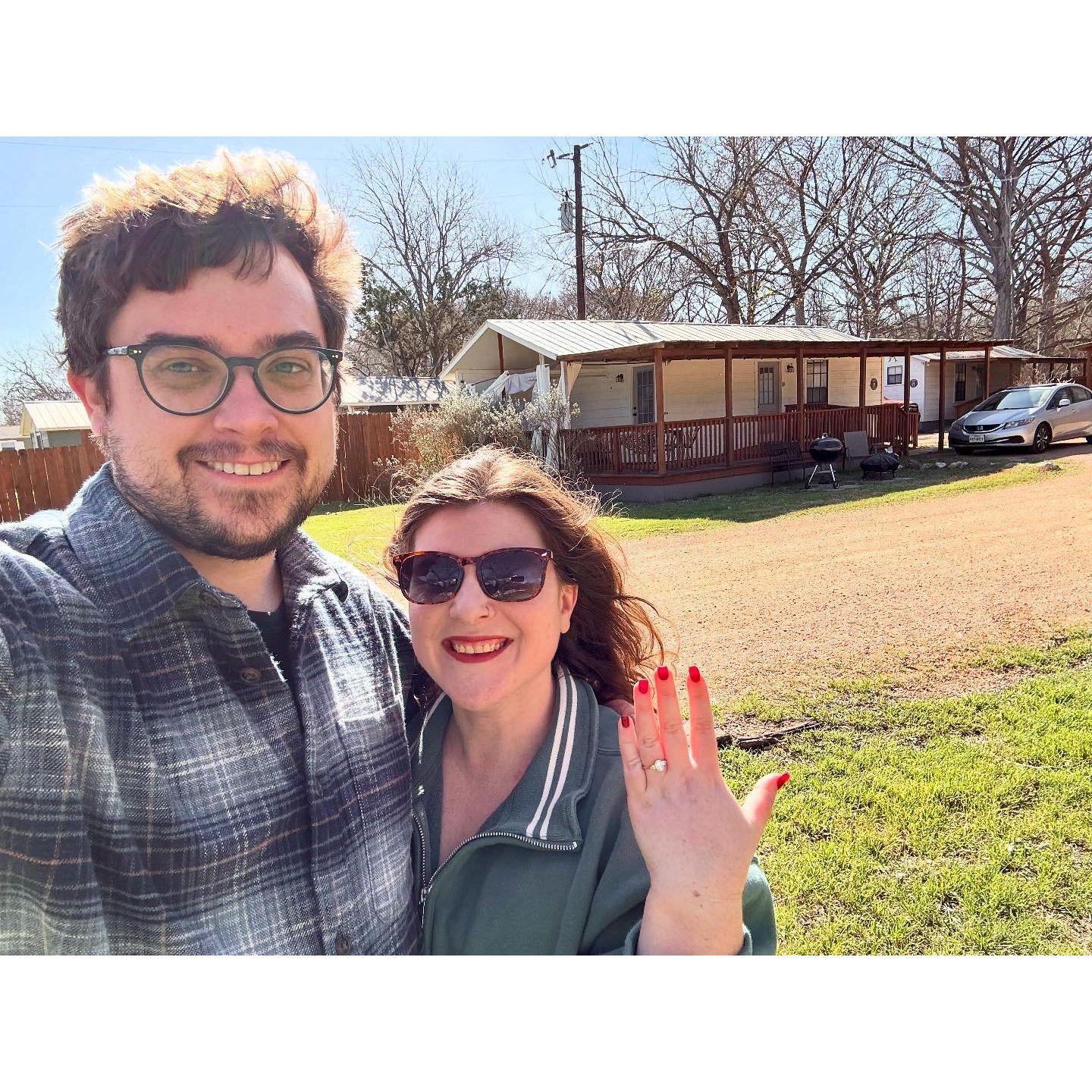 Just engaged! Will proposed during our weekend getaway to Wimberly on March 14, 2025.