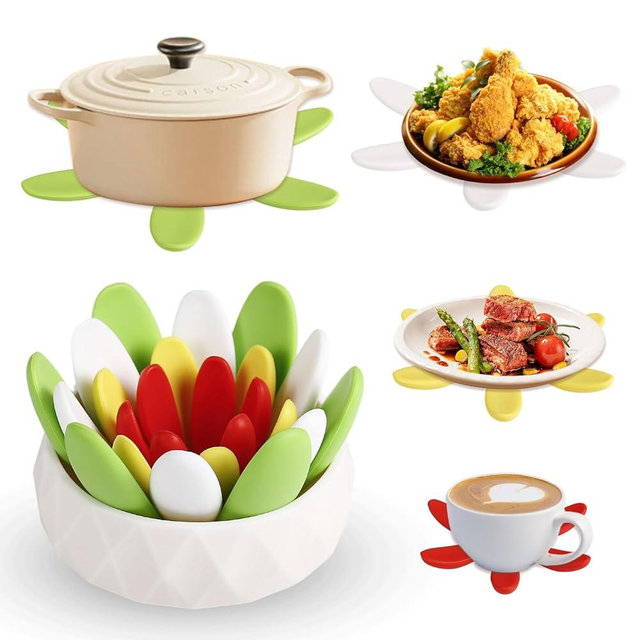 Silicone Succulent Cup Coasters Set of 4, Colorful Trivet Mats, Hot Pads for Pots Pans, Foldable Heat Resistant Coasters with Holder, Multipurpose Kitchen Table Protection (Green Yellow White Red)