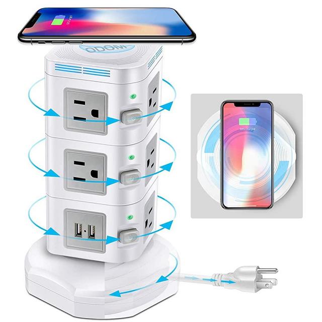 Power Strip Surge Protector , ODOM Power Strips Tower with Fast Wireless Charger, 4 USB Ports + 10 Outlets + 6 ft Extension Cord, Outlet Strip Universal Socket for Home Office Dorm Room