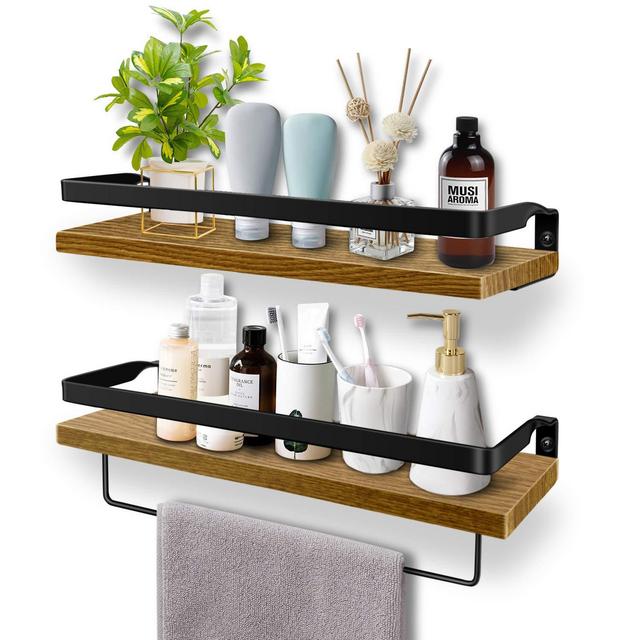 Soraken Floating Shelves, Wall Shelves Wall Mounted Bathroom Shelf, Rustic Wood Wall Storage Shelves for Kitchen, Bathroom, Living Room and Bedroom Set of 2 with Removable Towel Holder-Natural