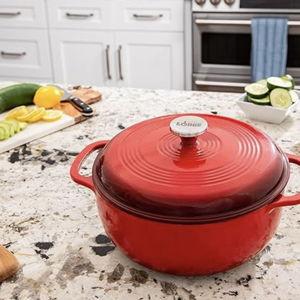 Lodge 6 Quart Enameled Cast Iron Dutch Oven with Lid – Dual Handles – Oven Safe up to 500° F or on Stovetop - Use to Marinate, Cook, Bake, Refrigerate and Serve – Island Spice Red