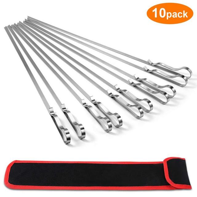 MVZAWINO Premium Kabob Skewers, 10 Pack 17" Stainless Steel Grilling Skewers, Flat Metal Barbecue BBQ Skewers for Grilling, Wide Reusable Shish Kebab Skewers BBQ Sticks w/Handy Storage Bag