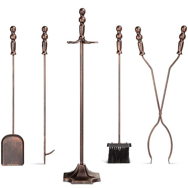 Best Choice Products 5-Piece Rustic Indoor Outdoor Fireplace Hearth Wrought Iron Fire Wood Tool Set w/Tongs, Poker, Broom, Shovel, Stand - Antique Bronze