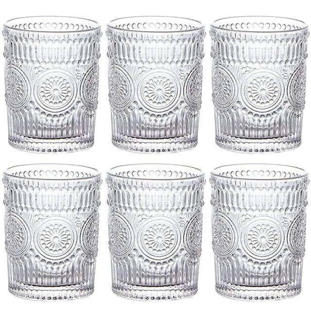 MDLUU 6-Pack Embossed Drinking Glasses, Romantic Glassware, Vintage Glass Tumblers for Juice, Beverages, Cocktail, Capacity 9oz/265ml