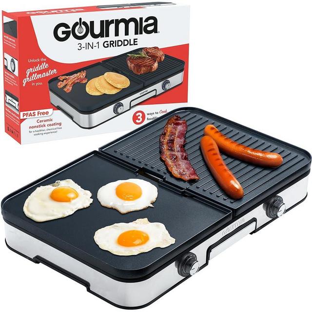 Gourmia 3-in-1 Indoor Grill/Griddle Electric Combo - 250-400°F Adjustable Dual Cooking Zones with Removable Nonstick Reversible Ceramic Plates - Non Toxic Dishwasher Safe Countertop Kitchen Appliances