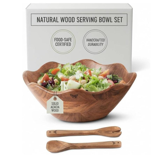 Melvvi Large Wooden Salad Bowl Set with 2 Serving Utensils | 12" Acacia Wood Bowls for Food | Great Mothers Day gift (Natural Set of 3)