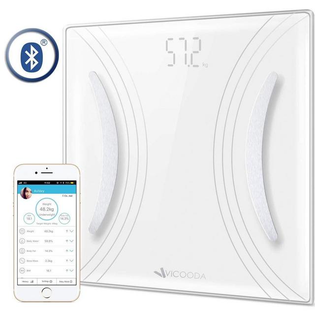 Bathroom Weight Scale, VICOODA Smart Digital Bluetooth Body Fat Scale with iOS, Android APP, BMI Wireless Weighing Body Composition Analyzer for Fat, BMI, BMR, Muscle Mass, Water, 400 lbs, White
