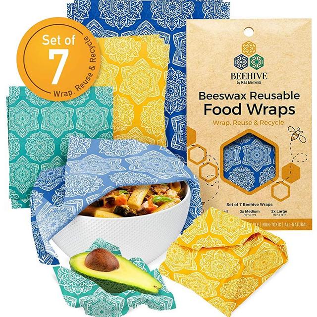 BEEHIVE Reusable Beeswax Food Wraps – 7 Pack Organic Food Wrap for Bread & Sandwich Wrapping – Eco Friendly, Sustainable & Zero Waste Biodegradable Bees Wax Wrap for Food Cover & Storage