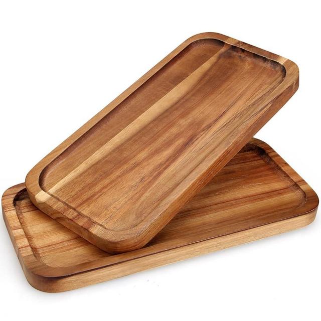 2 Pcs Rectangular Wooden Platters for Food Dishe Party Fruit Decorative Serving Tray 14" x 7" Acacia Wood Cheese Charcuterie Board Rectangle Dinner Plates Snack Appetizer Platter for Decor