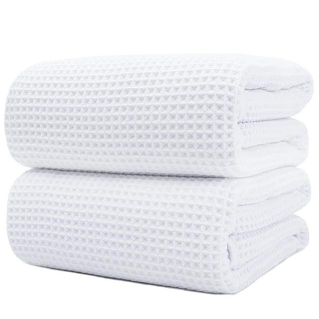 POLYTE Microfiber Quick Dry Lint Free Bath Sheet, 70 x 35 in, Set of 2 (White, Waffle Weave)