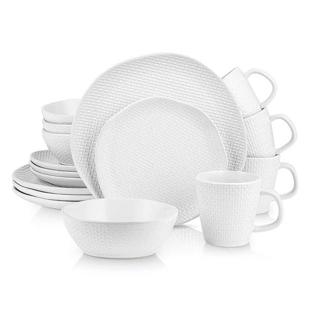 Stone Lain Organic Shape Weave Embossed Stoneware Dinnerware Set, Round Service for 8, White