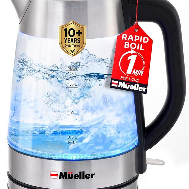 Mueller Rapid Boil Electric Tea Kettle 1.8L – Borosilicate Glass & Stainless Steel – BPA-Free Hot Water Boiler, LED Light, Auto Shut-Off, Boil Dry Protection Fast Water Heater – Kitchen Appliances