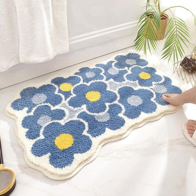 Bath Rug for Bathroom Super Soft Fluffy Rug Home Floor Mat Floral Carpet Water Absorption Machine Washable Bath Mat for Bedroom, Living Room and Bathroom, 15.7 x 23.6 Inches, Blue Flower