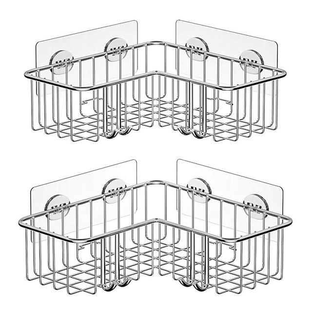 SMARTAKE 2-Pack Corner Shower Caddy, Adhesive Bath Shelf with Hooks, SUS304 Stainless Steel Storage Organizer for Bathroom, Toilet, Kitchen and Dorm, Only for 90 Degrees Right Angle, Silver