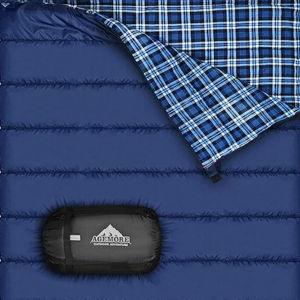 AGEMORE Cotton Flannel Double Sleeping Bag for Camping, Backpacking Or Hiking. Queen Size 2 Person Waterproof Sleeping Bag for Adults Or Teens. Lightweight with Compression Sack