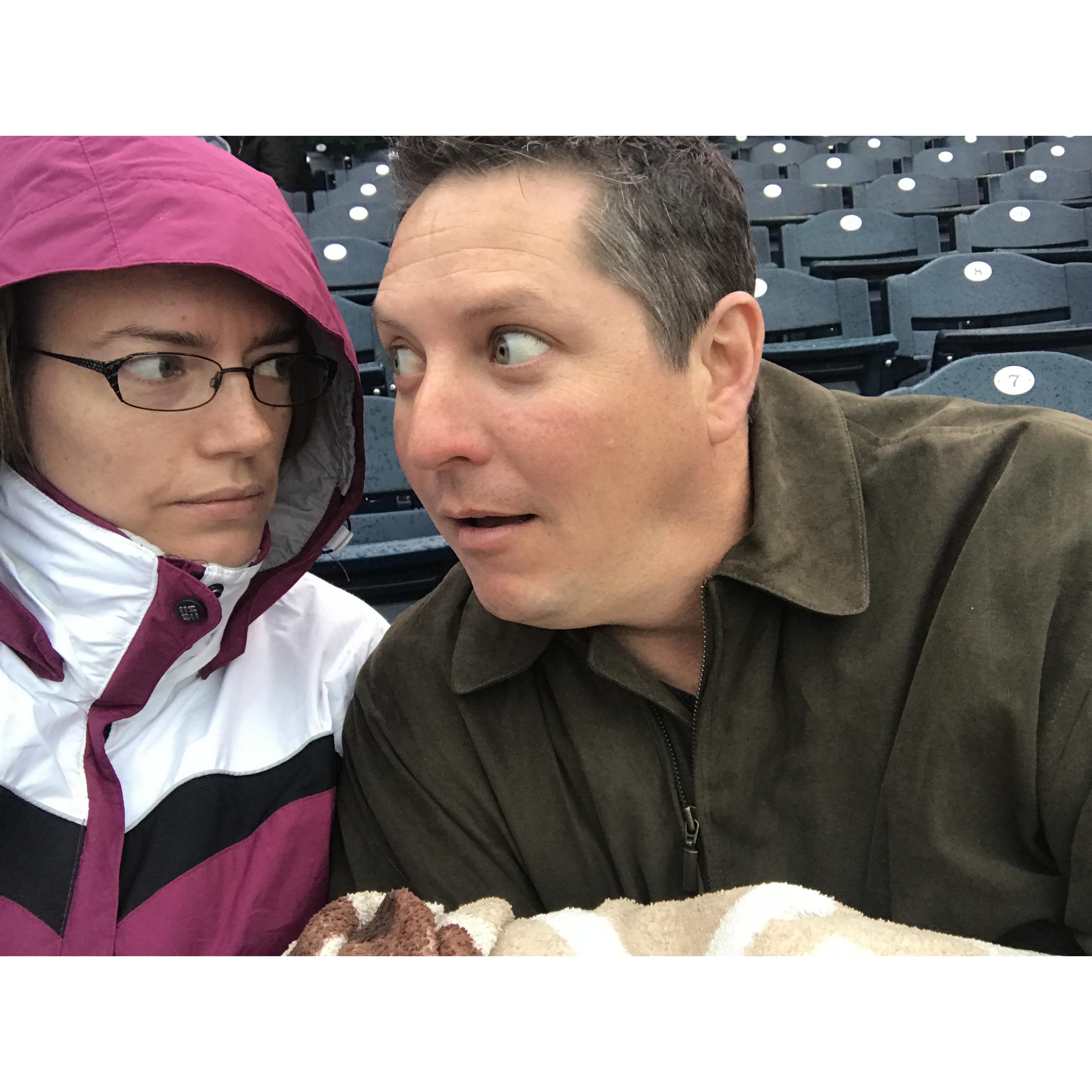 Attending a very cold and wet mud hens game....game was eventually postponed.
