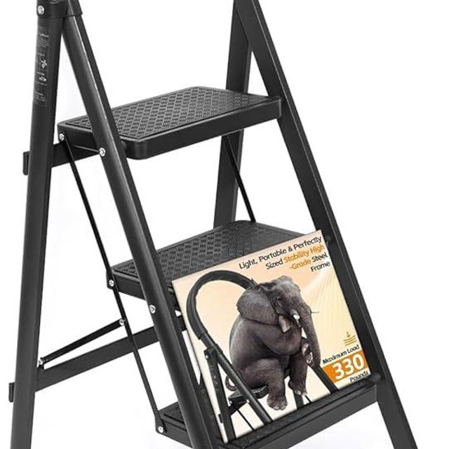 3 Step Ladder, Folding Step Stool with Wide Anti-Slip Pedal, Sturdy Step Ladder Foldable, Lightweight Portable Steel Step Stool for Kitchen, Home (Black, 3-Step)