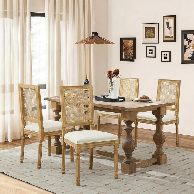 SoarFlash French Dining Chairs Set of 4, Vintage Dining Chairs with Rattan Backrest, Wooden Framehouse Chairs for Living Room, Kitchen, Restaurant, Beige